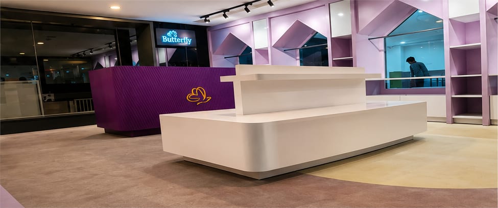 Butterfly office reception, Hyderabad — interior fit-out by MATEK